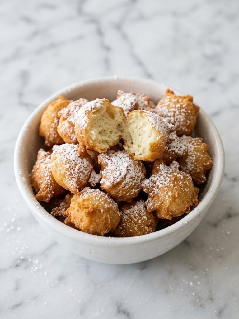 Close view of golden fried funnel cake bites covered in powdered sugar