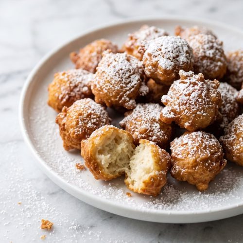 A pile of golden funnel cake bites dusted with powdered sugar
