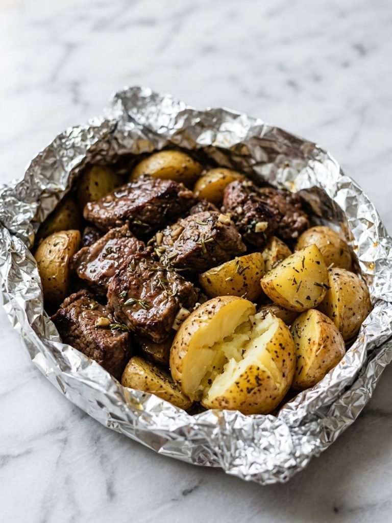 Close view of garlic herb steak pieces and tender baby potatoes in an open foil pack