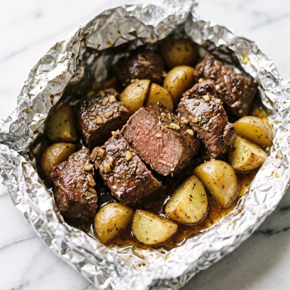 An opened foil pack with seared sirloin chunks and golden baby potatoes with herbs