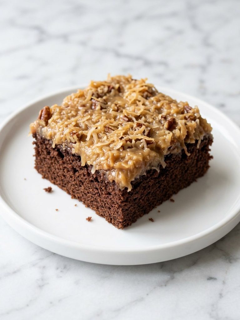 A square of dark chocolate sheet cake with a thick coconut and pecan topping on a white plate