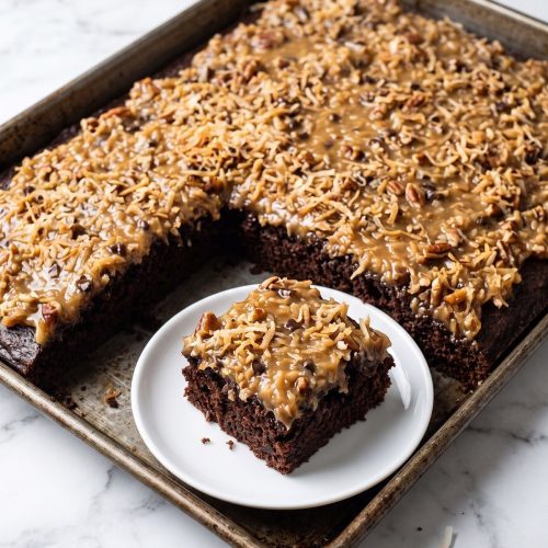 A 9-by-13-inch German chocolate sheet cake with coconut-pecan topping, one square cut out
