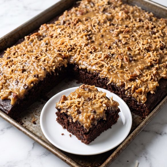 A 9-by-13-inch German chocolate sheet cake with coconut-pecan topping, one square cut out
