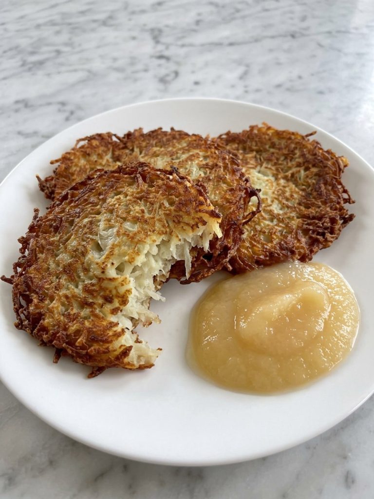 Close view of golden potato pancakes with lacy crisp edges on a white plate
