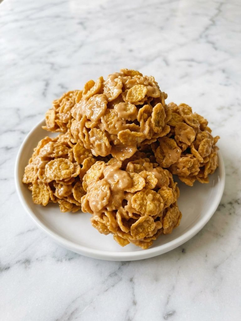 A plate of glossy golden cornflake peanut butter cookies
