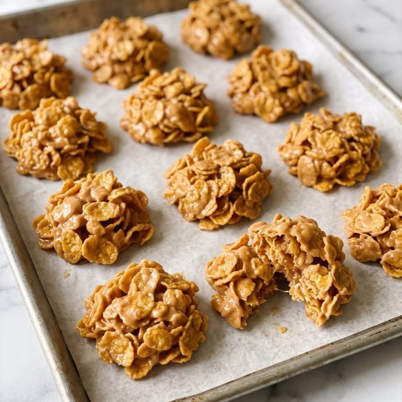 No-bake cornflake peanut butter cookies on a parchment-lined baking sheet