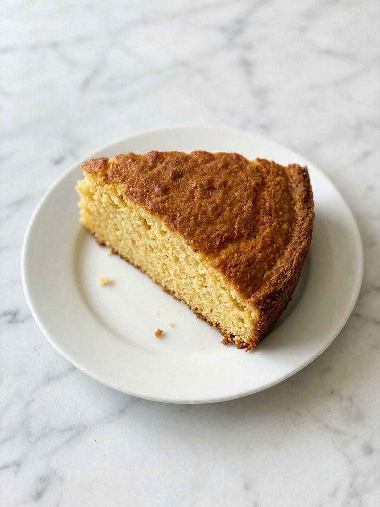 A wedge of golden buttermilk cornbread with crisp edges on a white plate