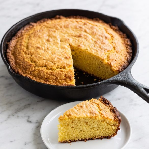 Golden buttermilk cornbread in a cast-iron skillet with one wedge cut out