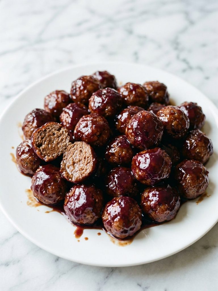 Close view of meatballs coated in glossy grape jelly chili sauce