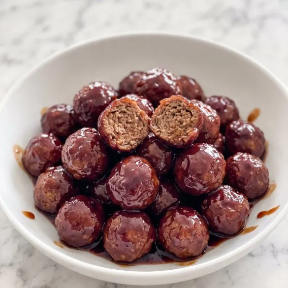 A white bowl of glossy meatballs in a dark red sweet and tangy sauce