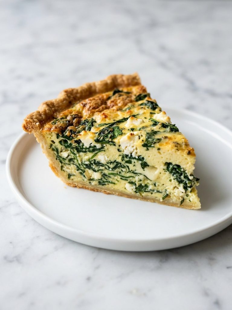 A wedge of spinach and feta quiche on a white plate showing the set egg filling