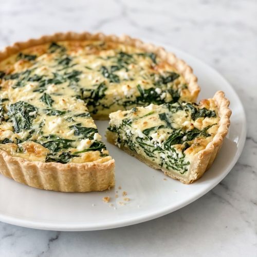 A golden spinach and feta quiche in a pie crust with one slice cut out