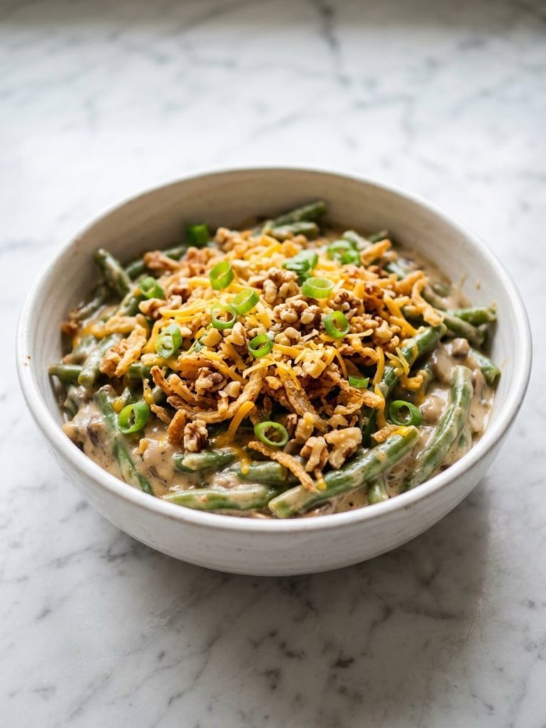 A full bowl of creamy green bean casserole with crispy fried onions and scallions
