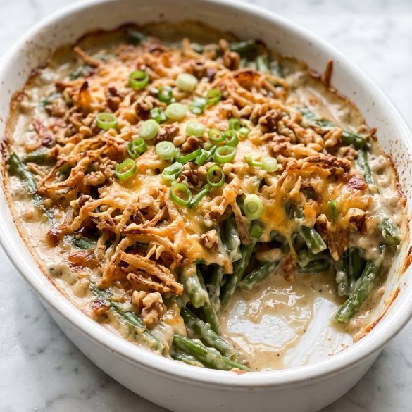 Green bean casserole with cream cheese sauce in a white baking dish, golden fried onion topping, a portion scooped out
