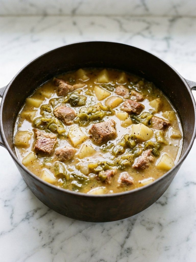 A heavy pot of pork, potato and green chile stew