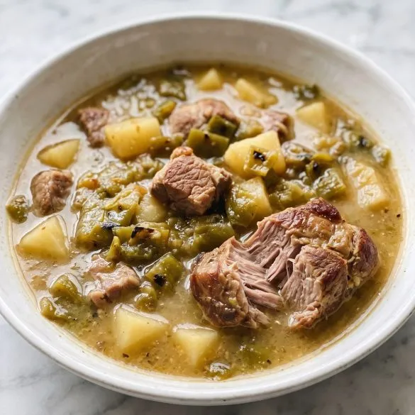 A bowl of green chili stew with chunks of pork, potatoes and roasted green chile