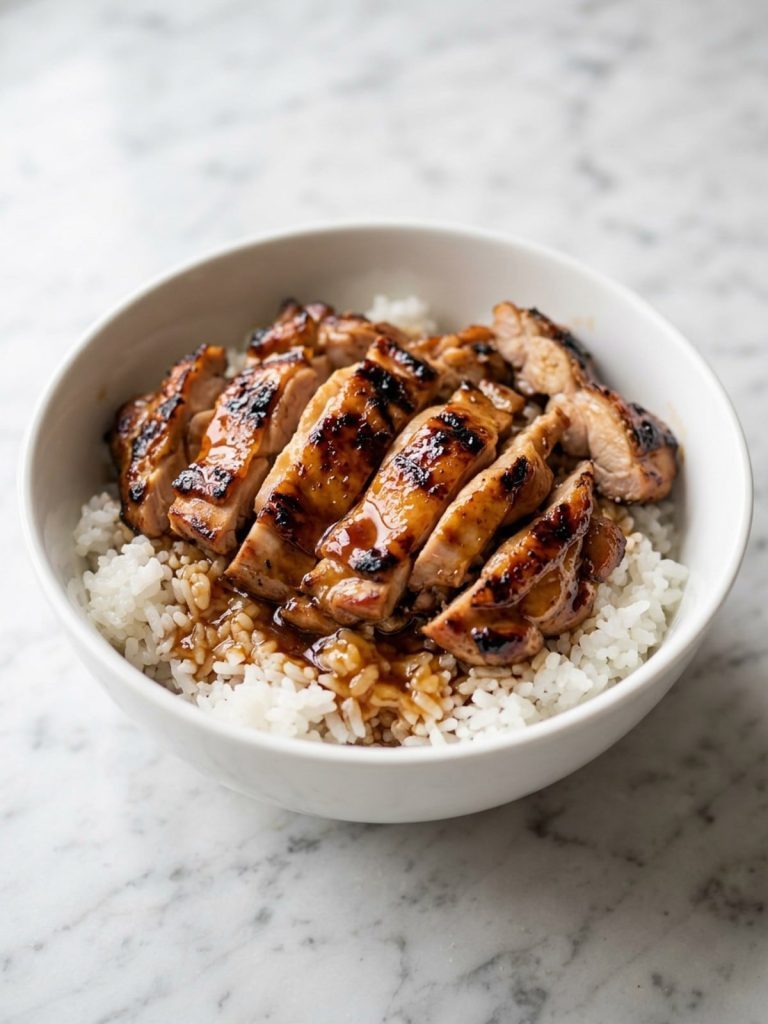 Sliced grilled teriyaki chicken over white rice in a bowl, glossy sauce drizzled on top