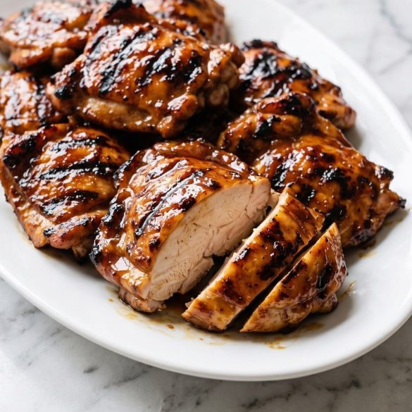 Glossy grilled teriyaki chicken thighs with char marks on a platter, one sliced to show the juicy inside