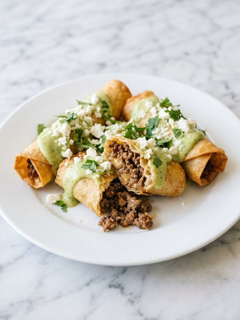 Three crispy beef flautas on a white plate with creamy green sauce and queso fresco