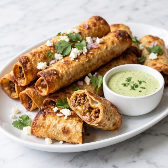 Crispy golden ground beef flautas on a platter with green avocado cilantro sauce, one cut open