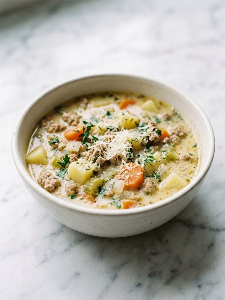 A full bowl of ground turkey soup with potato cubes, carrots and Parmesan