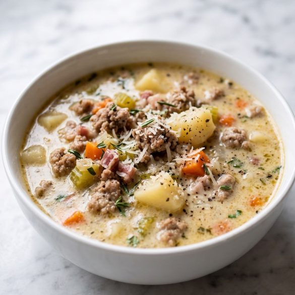 Creamy ground turkey soup with potatoes, carrots and herbs in a white bowl