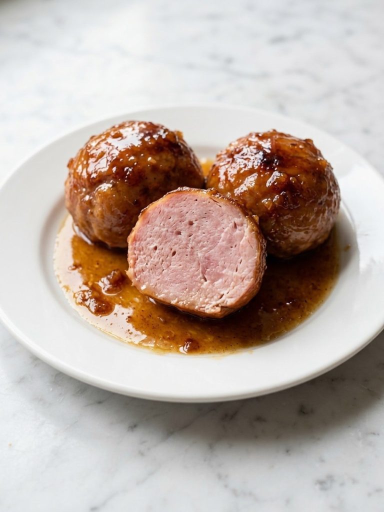 Three glazed ham balls on a plate with brown sugar sauce