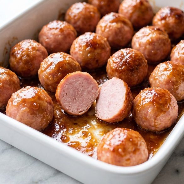Glazed ham balls in a white 9x13 baking dish, shiny with a brown sugar glaze, one cut open