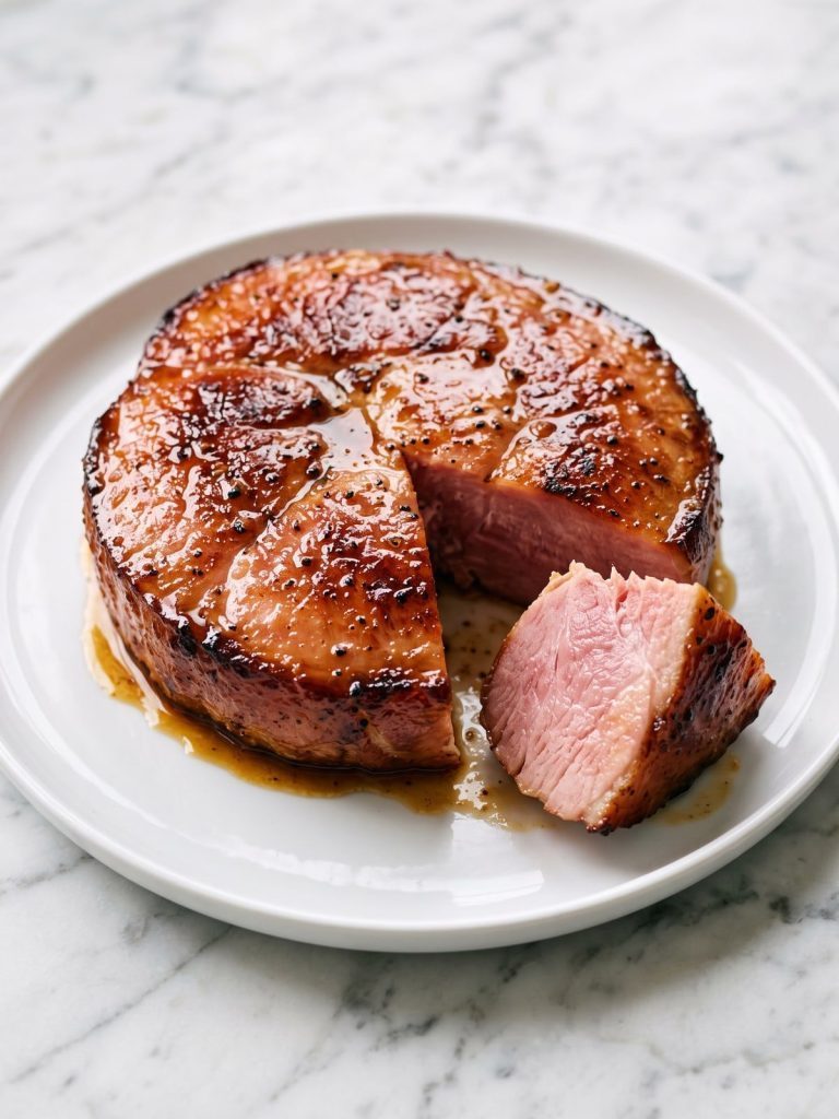 A seared ham steak coated in glossy brown sugar glaze on a white plate