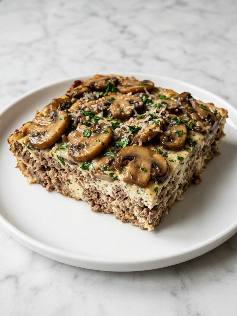 A square serving of hamburger mushroom bake on a white plate with a mushroom topping
