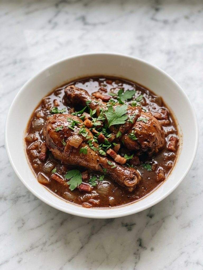 A bowl of rabbit stew in dark red wine gravy with onions, bacon and parsley