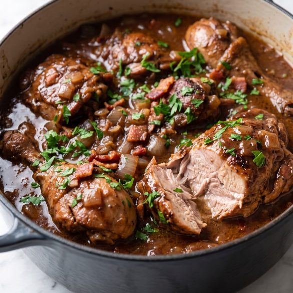 A Dutch oven of rabbit stew in dark red wine gravy with bacon, onions and parsley