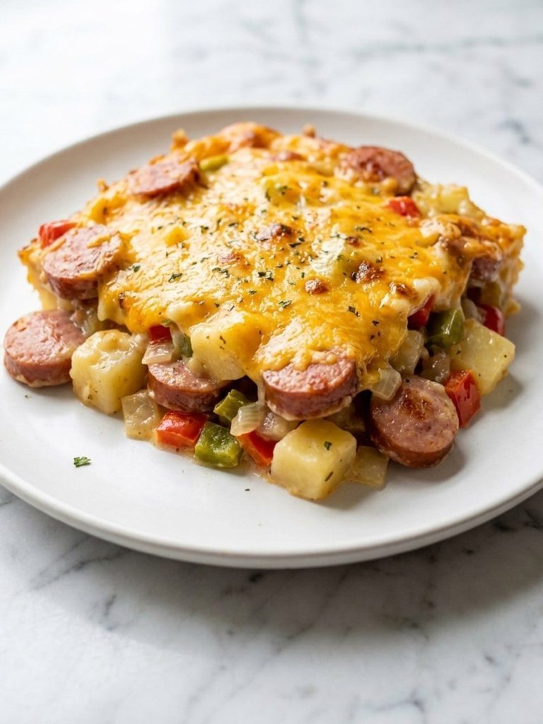 A serving of cheesy kielbasa hash brown casserole on a plate with browned sausage coins and diced potatoes