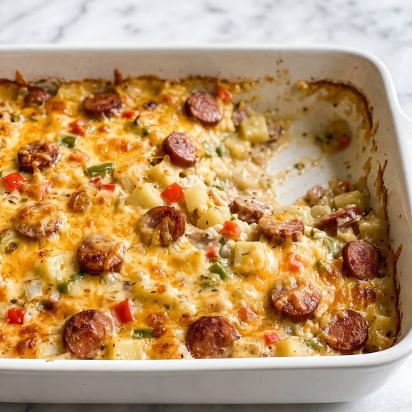 A 9x13 dish of cheesy hashbrown kielbasa casserole with browned kielbasa coins and a golden cheddar top, one corner scooped out
