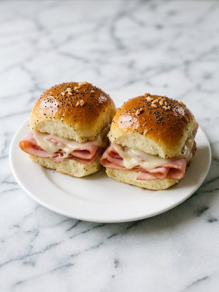 Close view of two ham and Swiss sliders with melted cheese and poppy seed tops