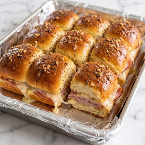 A pan of golden ham and Swiss sliders with poppy seed topping, one pulled out with melted cheese