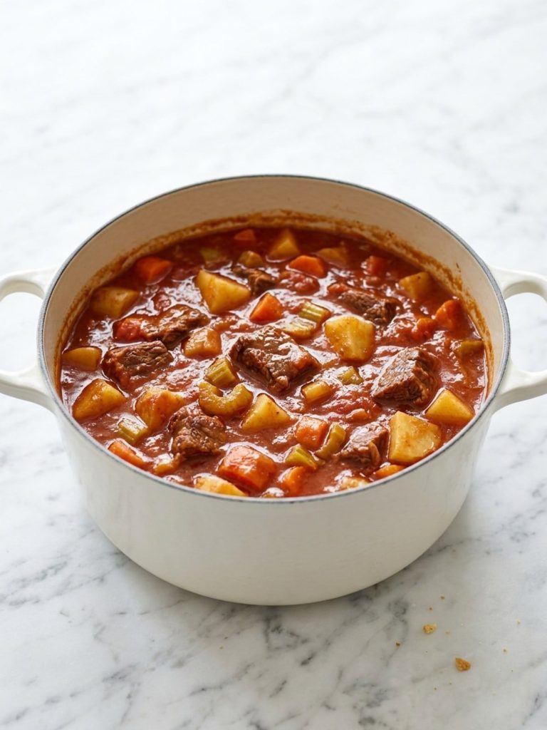 Hawaiian beef stew in a Dutch oven with beef, potatoes and carrots in tomato gravy