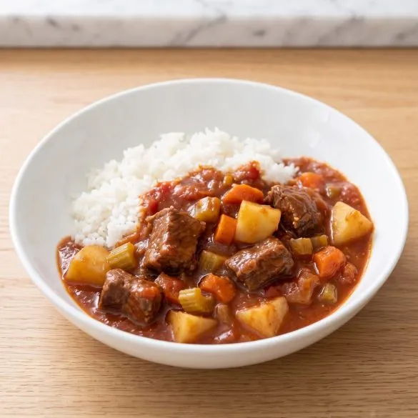 A bowl of Hawaiian beef stew with tender beef, potatoes and carrots in tomato gravy over white rice