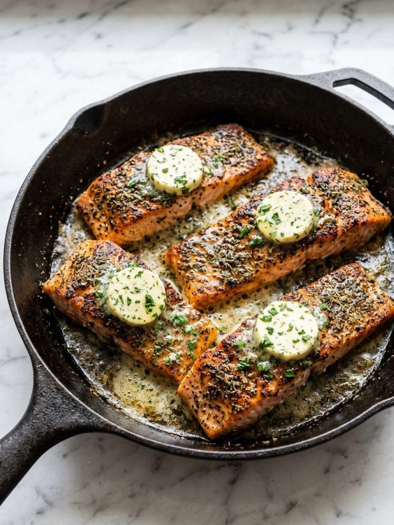 Four herb-crusted salmon fillets in a cast-iron skillet with melting herb butter