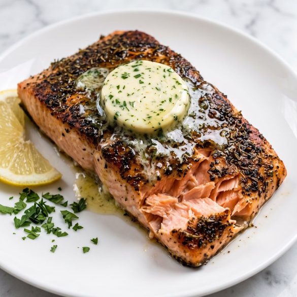 A seared salmon fillet with an Italian herb crust and melting herb butter on a white plate with lemon