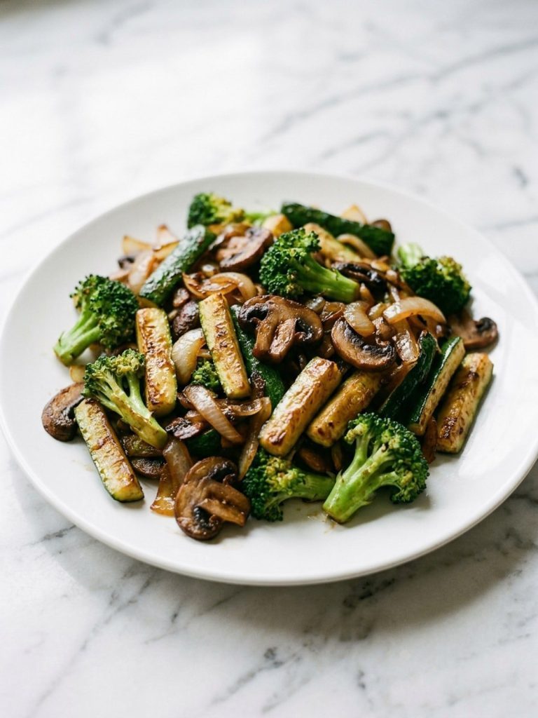 A plate of glossy seared hibachi vegetables with browned zucchini, broccoli, mushrooms and onion