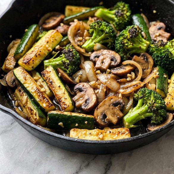 Seared hibachi zucchini, broccoli, mushrooms and onion glazed with butter and soy sauce in a large skillet