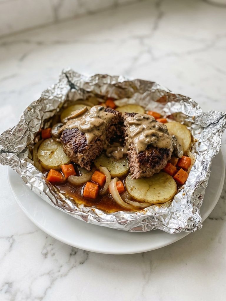 One open foil packet with a ground beef patty over potatoes, carrots and onion