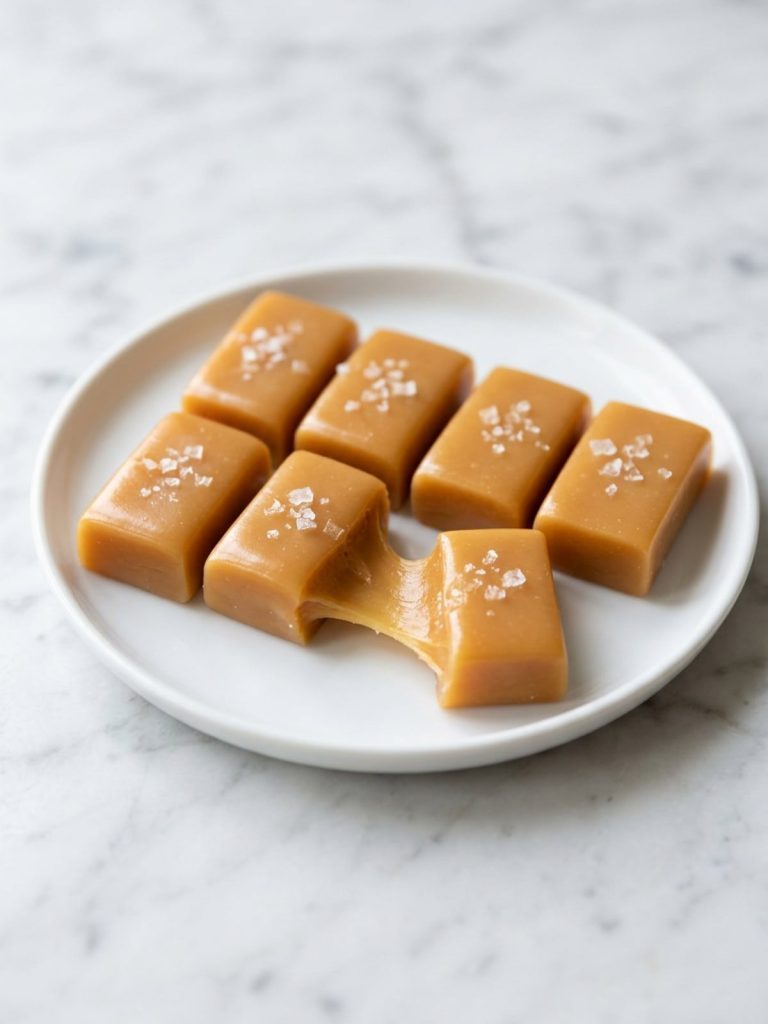 Close view of soft golden caramel pieces with a few flakes of salt