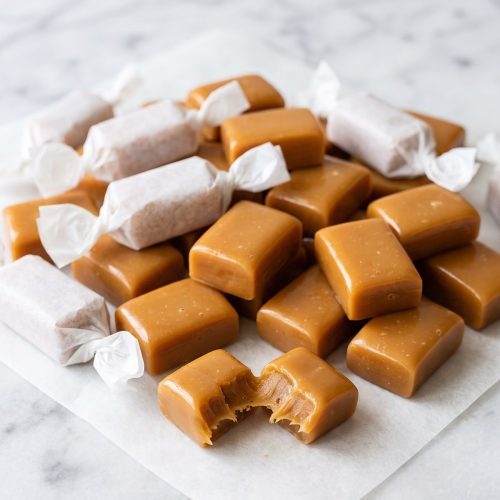 Soft homemade caramel squares, some wrapped in parchment twists, on a marble counter