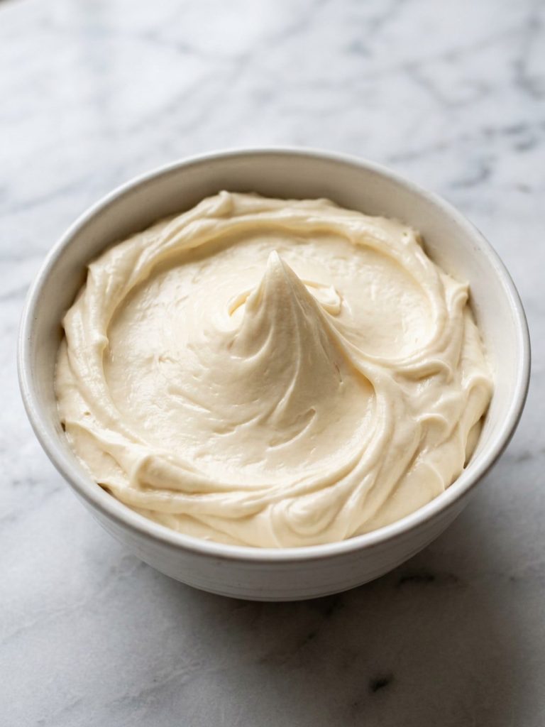Close view of thick, smooth vanilla buttercream swirled in a bowl