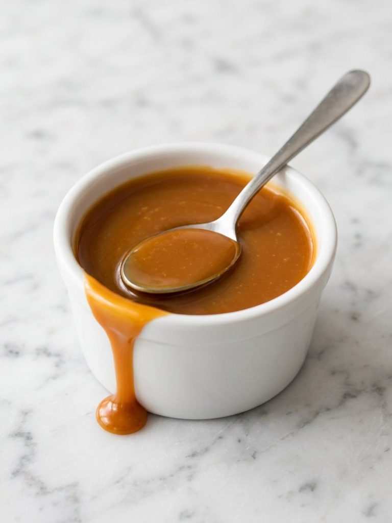 A small white bowl of thick golden caramel sauce with a spoon resting in it
