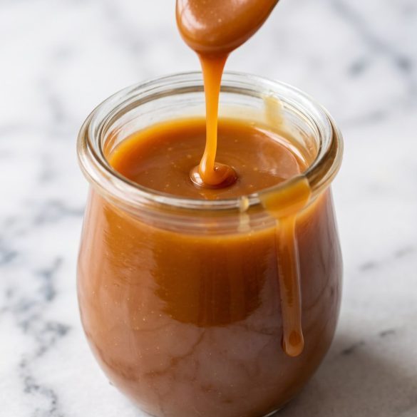 A glass jar of glossy golden caramel sauce with a spoon drizzling sauce back in