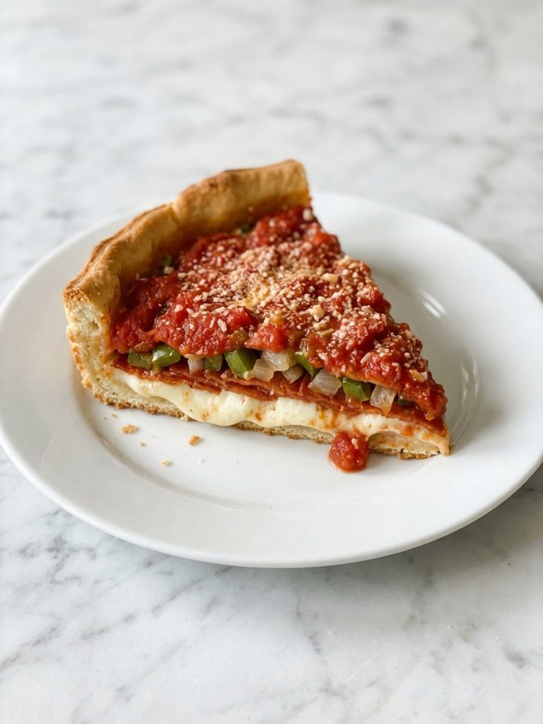A thick slice of deep dish pizza showing the crust, mozzarella, pepperoni and sauce layers