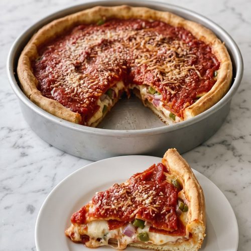 A deep dish pizza with a tall golden crust and tomato sauce on top, one thick slice cut out